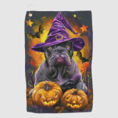 不気味杖コルソ犬ハロウィーン魔女とカボチャ ゴルフタオル (正面)