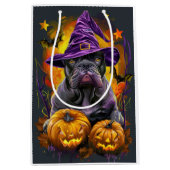 不気味杖コルソ犬ハロウィーン魔女とカボチャ ミディアムペーパーバッグ (正面)