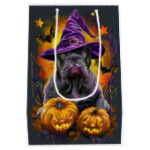 不気味杖コルソ犬ハロウィーン魔女とカボチャ ミディアムペーパーバッグ (裏面)