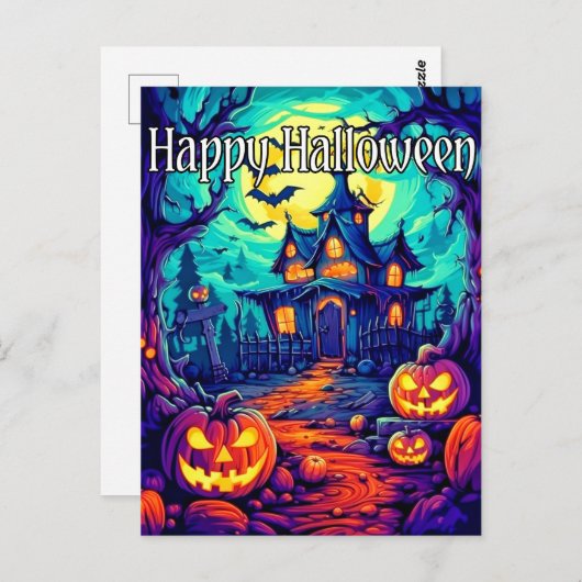 不気味照明幽霊のよく出るハウスハッピーハローウィン ポストカード (正面/裏面)