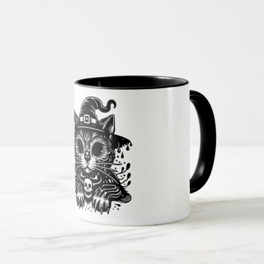 不気味猫が魔女ハットハロウィンマグを着て マグカップ (正面右)