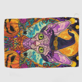 不気味猫ハロウィーン魔女とカボチャ ゴルフタオル (横)