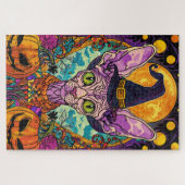 不気味猫ハロウィーン魔女とカボチャ ジグソーパズル (横)