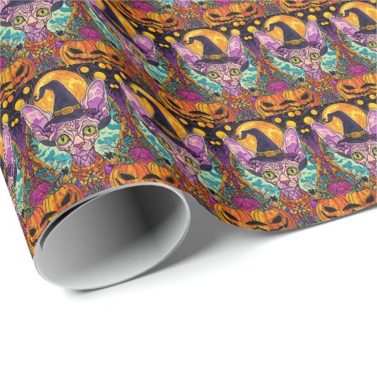 不気味猫ハロウィーン魔女とカボチャ ラッピングペーパー (ロールコーナー)