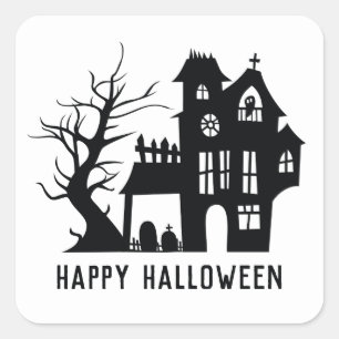 不気味白黒幽霊のよく出るハウスハッピーハローウィン スクエアシール