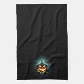 不気味自然白熱［赤熱］光を放つハロウィーンパンプキン キッチンタオル (縦)