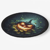 不気味自然白熱［赤熱］光を放つハロウィーンパンプキン ペーパープレート (アングル)