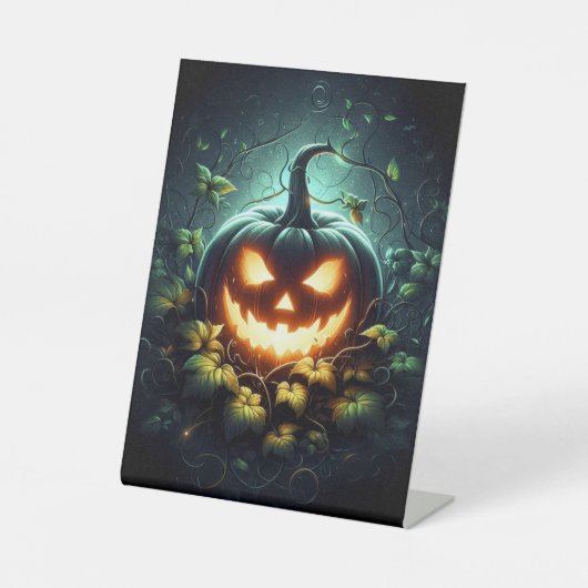 不気味自然白熱［赤熱］光を放つハロウィーンパンプキン 台座サイン (正面)