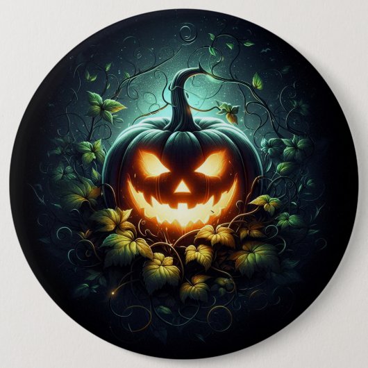 不気味自然白熱［赤熱］光を放つハロウィーンパンプキン 缶バッジ (正面)