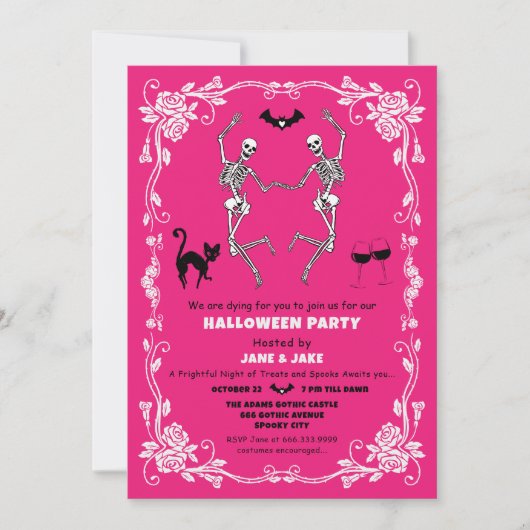 不気味踊り骨格ホットピンクハローウィンパーティ 招待状 (正面)