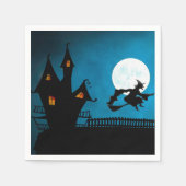 不気味飛んでいるWitch: はっきりした Black and Blue Halloween スタンダードカクテルナプキン (正面)
