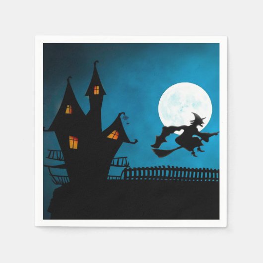 不気味飛んでいるWitch: はっきりした Black and Blue Halloween スタンダードカクテルナプキン (正面)