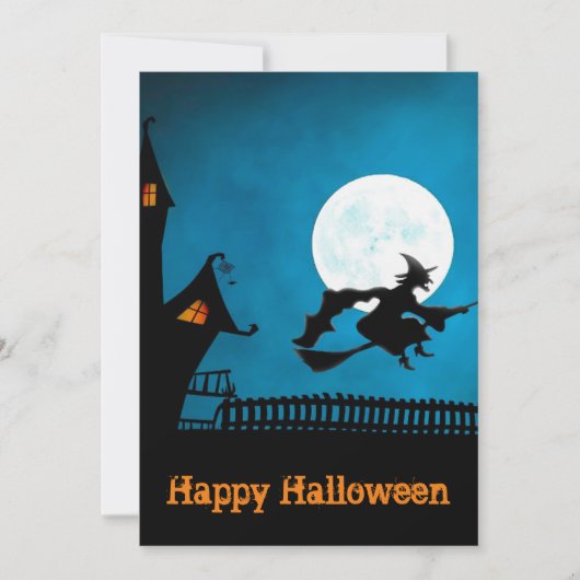 不気味飛んでいるWitch: はっきりした Black and Blue Halloween 招待状 (正面)