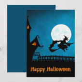 不気味飛んでいるWitch: はっきりした Black and Blue Halloween 招待状 (正面/裏面)