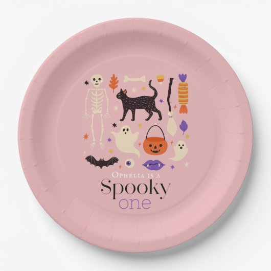 不気味1ハロウィーンのモチーフピンク1歳 ペーパープレート (正面)