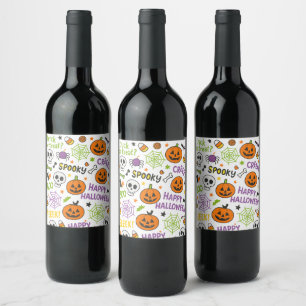 不気味&おもしろいパンプキンカラフル- Halloween Pattern ワインラベル