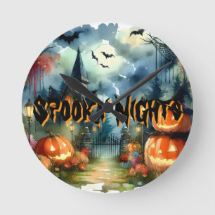 不気味&美しいハロウィーンの風景の水色 ラウンド壁時計