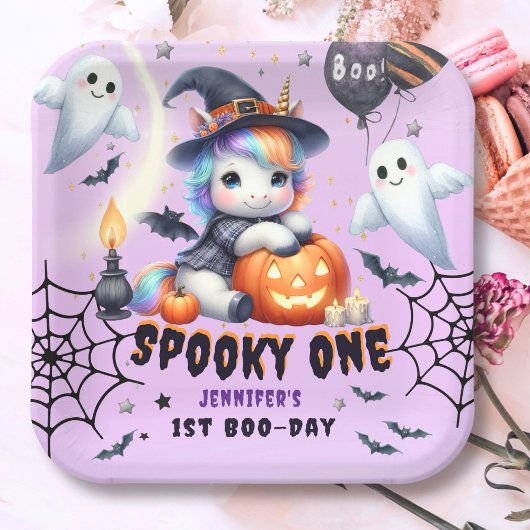 不気味ONE CUTE GIRL PURPLE HALLOWEEN 1st Birthday ペーパープレート