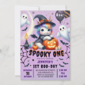 不気味ONE CUTE GIRL PURPLE HALLOWEEN 1st Birthday 招待状 (正面)