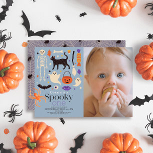 不気味One Halloween Blue 1st Birthday写真 招待状