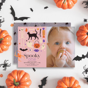 不気味One Halloween Pink 1st Birthday写真 招待状