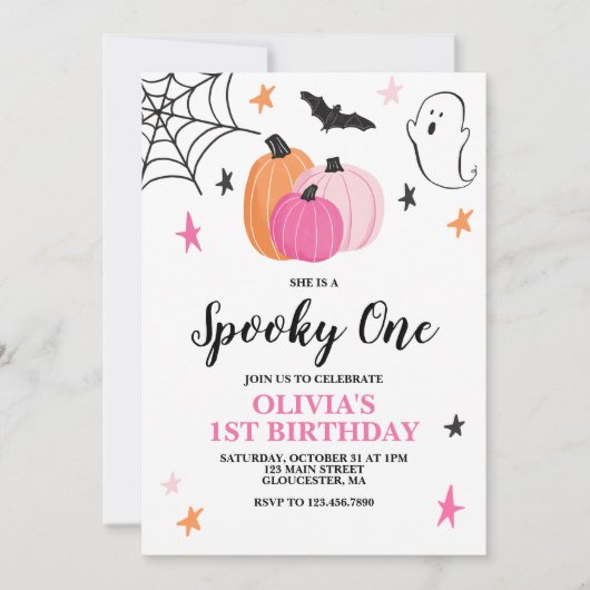 不気味One Pink Halloween 1st Birthday 招待状 (正面)