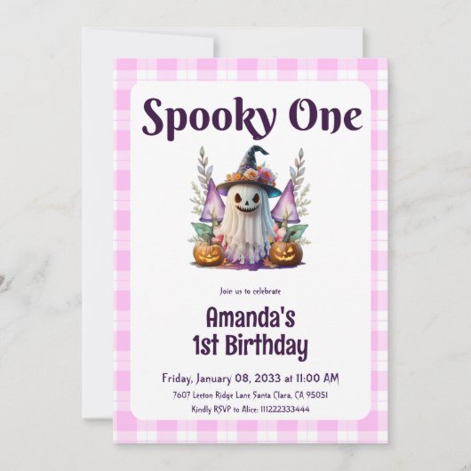 不気味One Pink Halloween First Birthday Party 招待状 (正面)