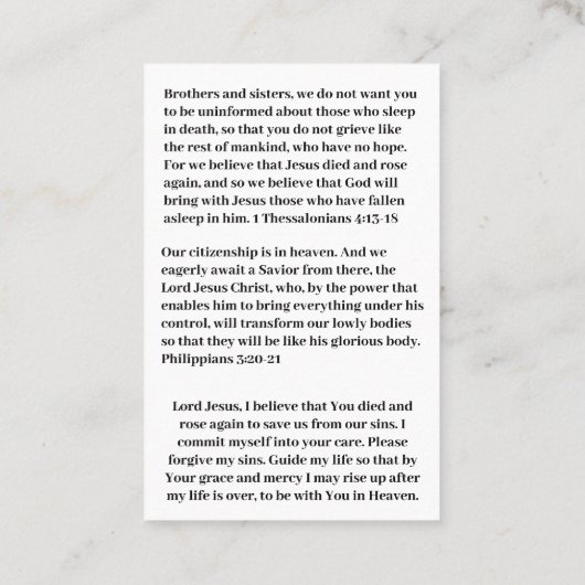 不滅のライフ祈りの言葉カード 名刺 (裏面)