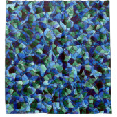 不規則で無秩序なモザイク模様の青いオーバーレイ シャワーカーテン (正面)