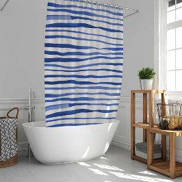 不規則な水色のシンプル線 – 青 シャワーカーテン