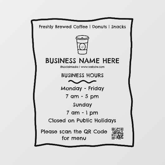 不透明カフェ コーヒーショップ QRコード 営業時間 ウィンドウサイン (シート)