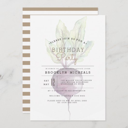 不透明ビート |ベギオーガニックー水彩誕生日 招待状 (正面/裏面)