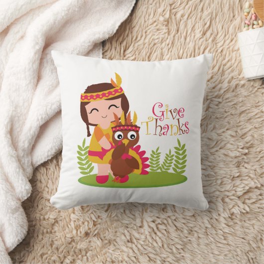 与え感謝していキュートな部族の女の子感謝祭トルコ クッション (ブランケット)