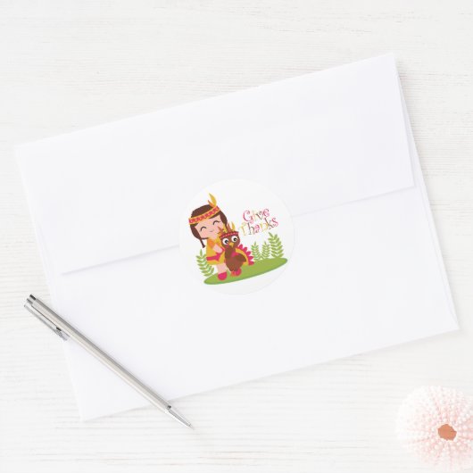 与え感謝していキュートな部族の女の子感謝祭トルコ ラウンドシール (封筒)