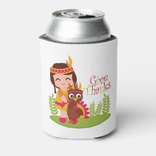 与え感謝していキュートな部族の女の子感謝祭トルコ 缶クーラー (缶裏面)