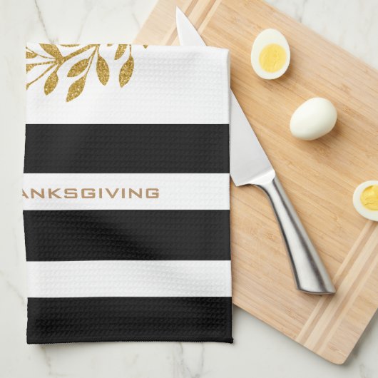 与え感謝していストライプ金ゴールドリースとモダン文字 キッチンタオル (四つ折り)