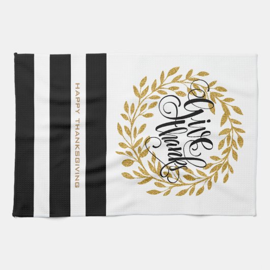 与え感謝していストライプ金ゴールドリースとモダン文字 キッチンタオル (横)