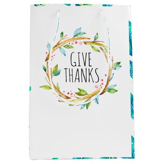 与え感謝していタイポグラフィ素朴リース ミディアムペーパーバッグ (正面)