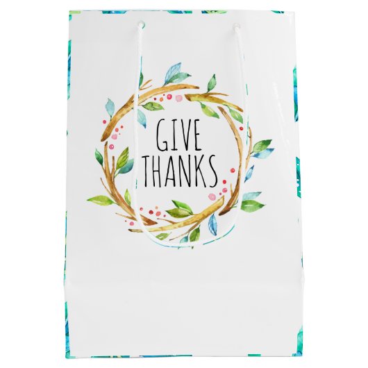 与え感謝していタイポグラフィ素朴リース ミディアムペーパーバッグ (裏面)