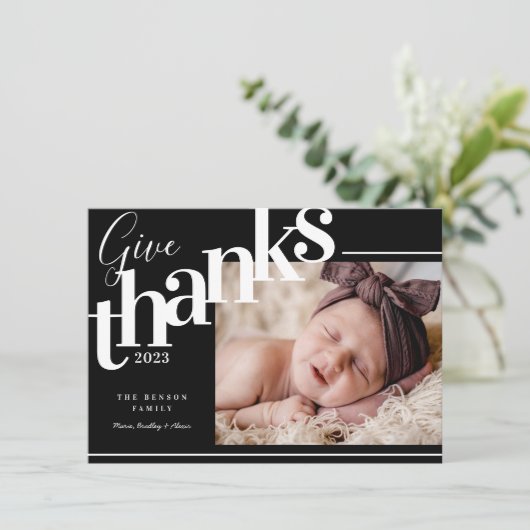 与え感謝していモダンブラックフォトホリデーカード シーズンカード (スタンド正面)