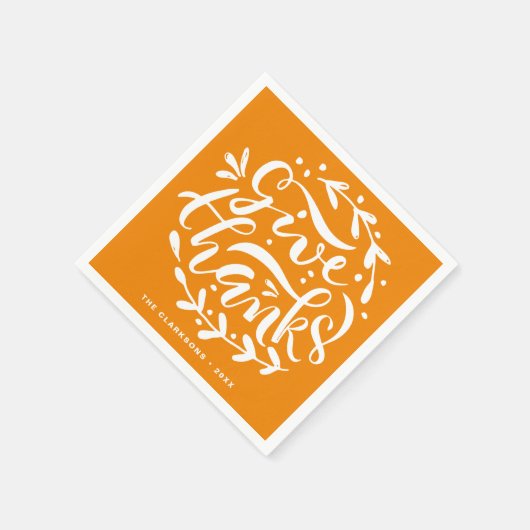 与え感謝していリース感謝祭レタリングオレンジ スタンダードカクテルナプキン (角)