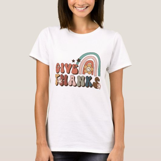 与え感謝していレトロレインボー感謝祭Tシャツ Tシャツ (正面)