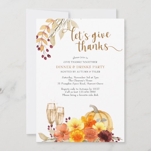 与え感謝してい一緒に秋の花ディナーパーティー 招待状 (正面)