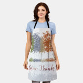 与え感謝してい感謝祭の木とシカ エプロン (着用した状態)