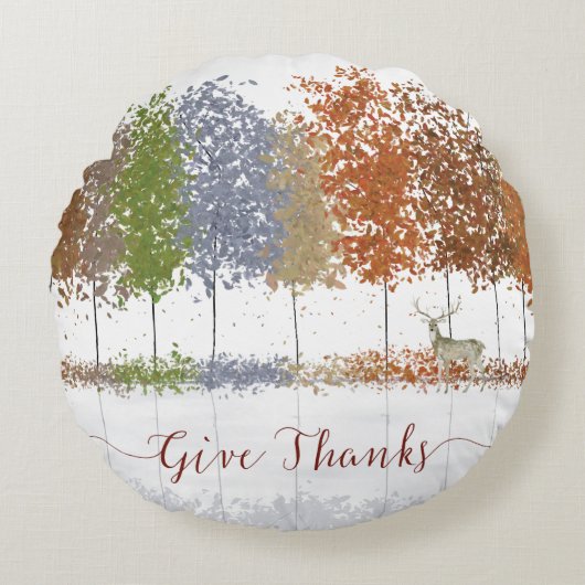 与え感謝してい感謝祭の木とシカ ラウンドクッション (正面)