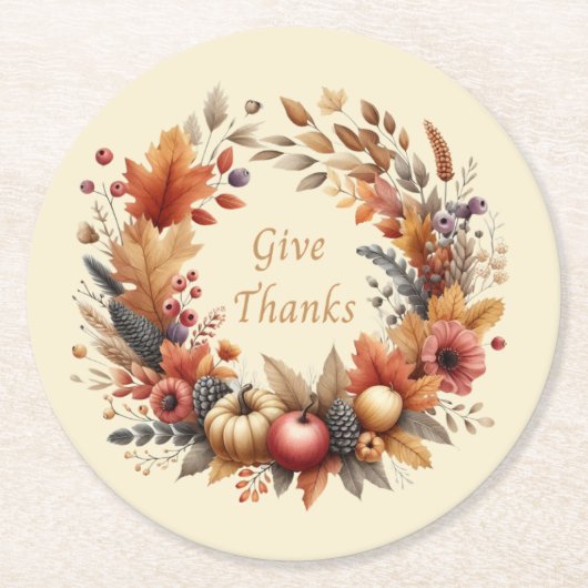 与え感謝してい感謝祭コースター ラウンドペーパーコースター (正面)