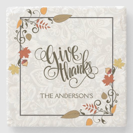 与え感謝してい文字デザイン感謝祭フレーム ストーンコースター (正面)