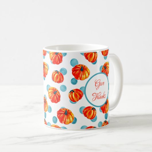 与え感謝してい水色オレンジカボチャ青ドット コーヒーマグカップ (正面右)
