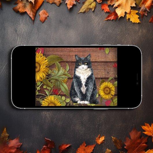 与え感謝してい猫とひまわりの木の秋 シーズンカード