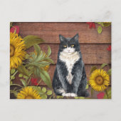 与え感謝してい猫とひまわりの秋の感謝祭 シーズンポストカード (正面)